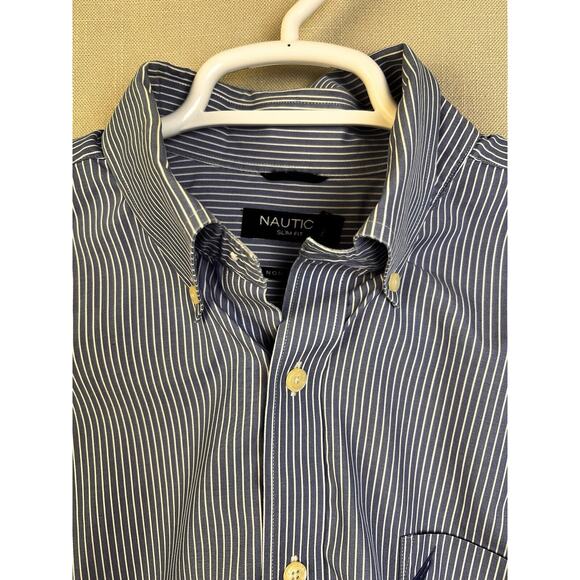 Nautica Button Down Shirt Men's Large Slim Fit Blue Stripe Cotton Preppy Work - Picture 4 of 8